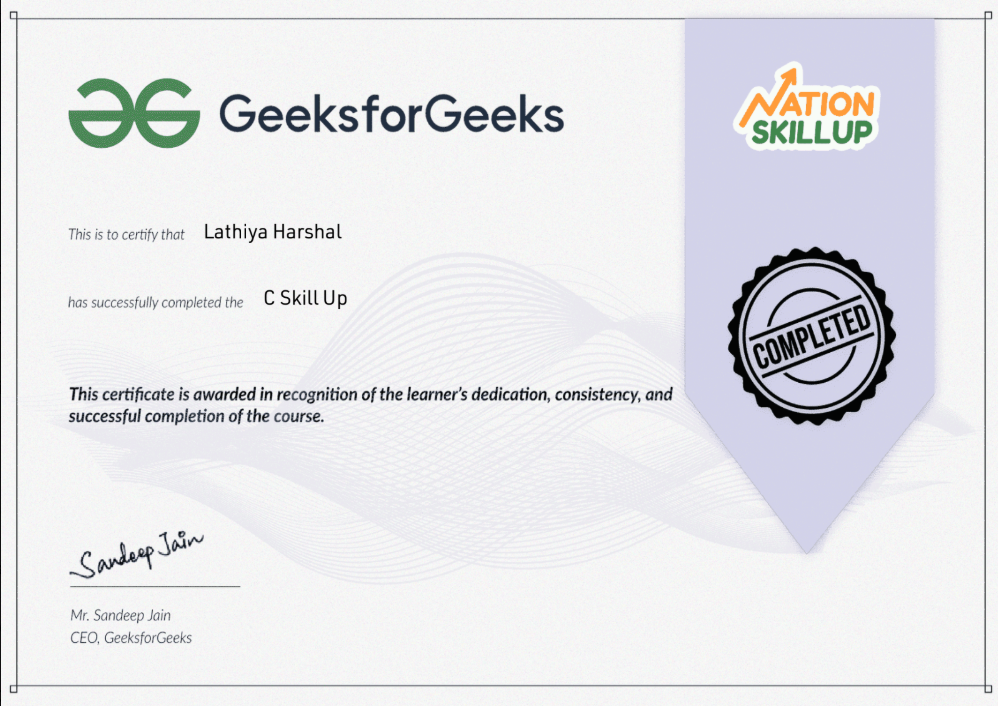 C Skill Up — GeeksforGeeks certificate thumbnail