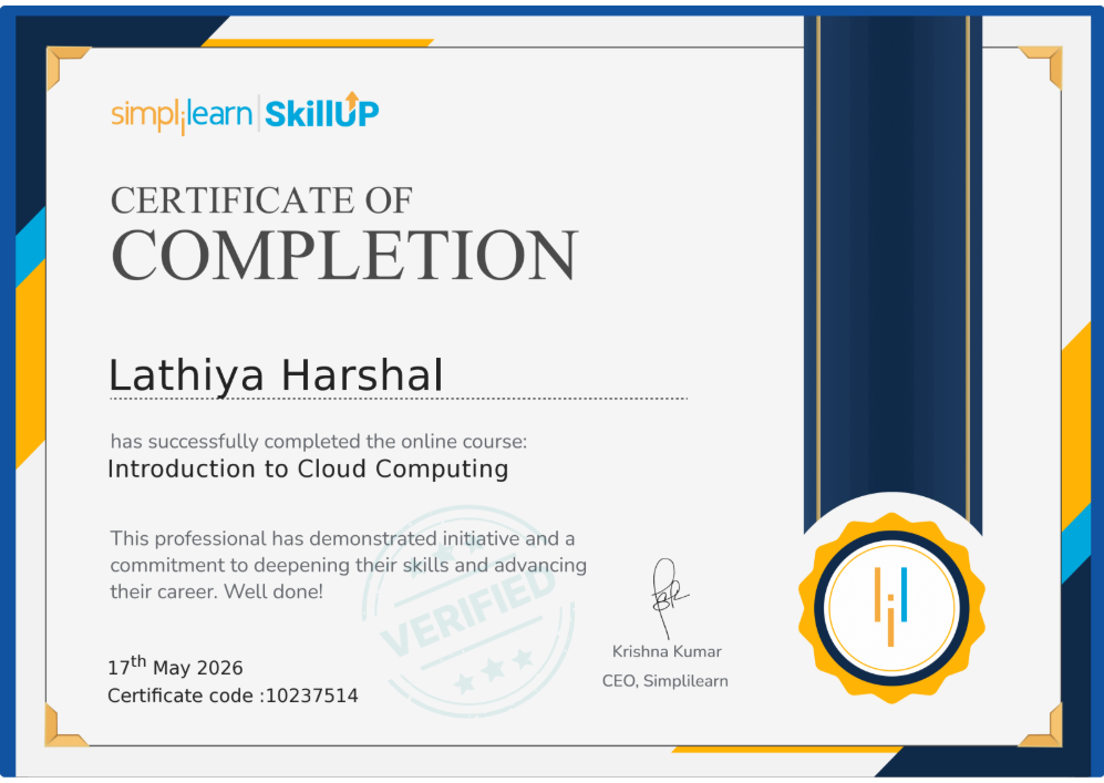 Introduction to Cloud Computing — Simplilearn certificate thumbnail
