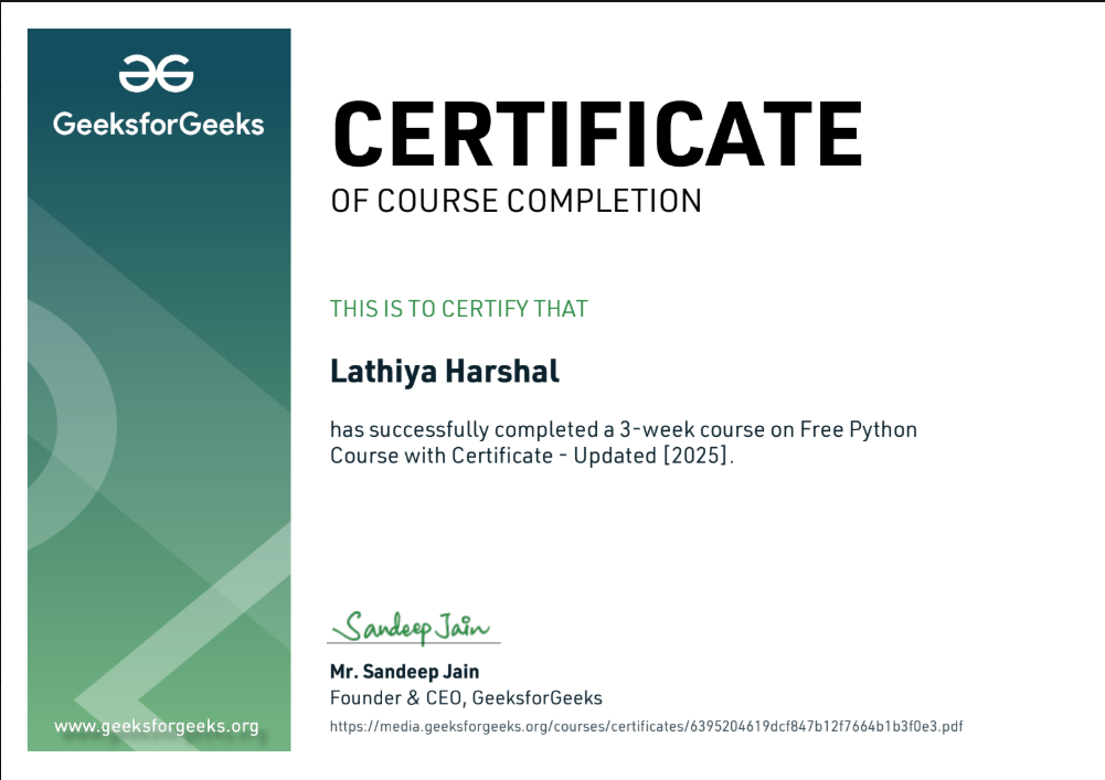 Introduction to Programming Using Python — GeeksforGeeks certificate thumbnail